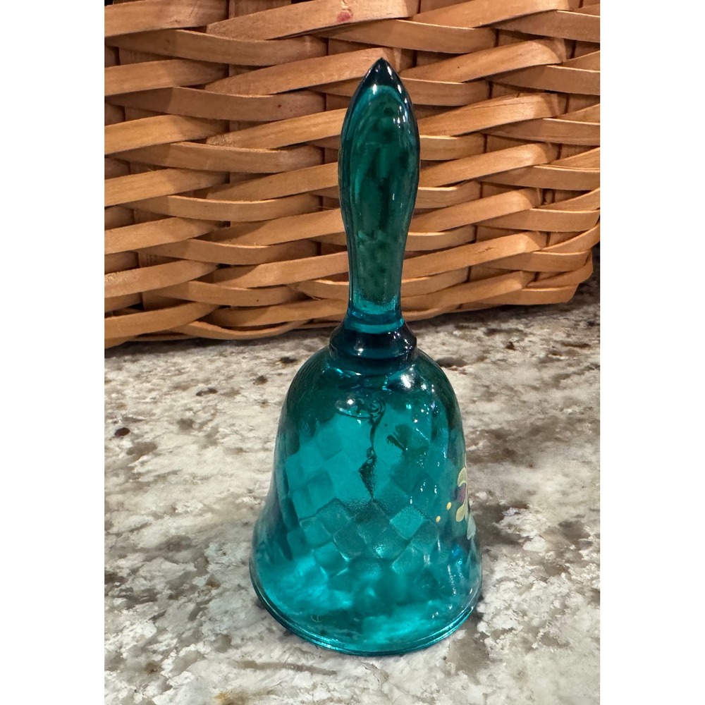 Vintage Fenton Teal Blue Glass Bell Hand Painted Floral Diamond Optic Signed - Picture 2 of 10